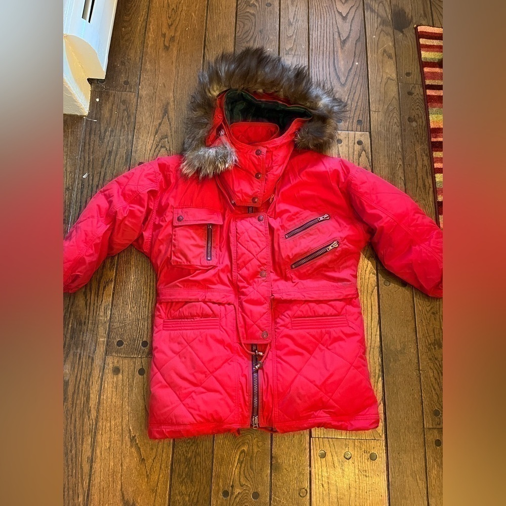 Mulberry Street Outerwear Red Puffy Goose Down Jacket with silver Fox fur Small